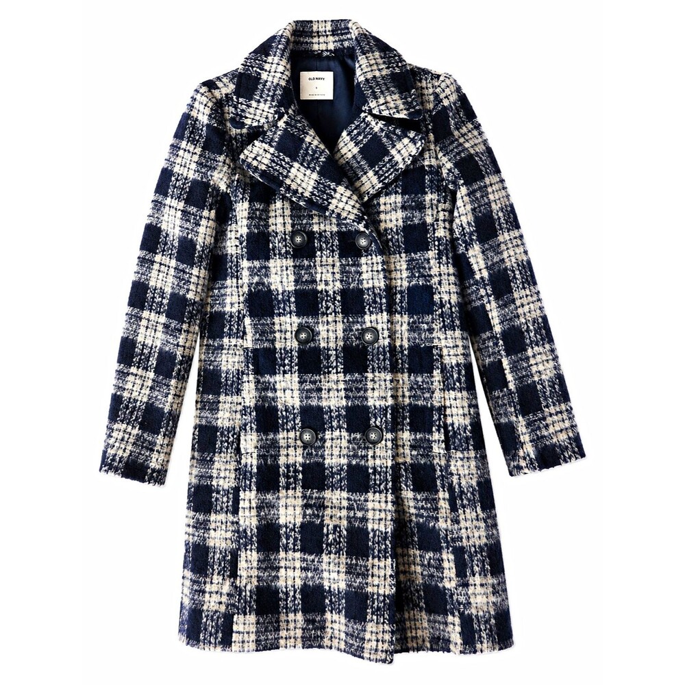 Old Navy Women's Size Small Plaid Double Breasted Peacoat Wool Blend Navy Gray